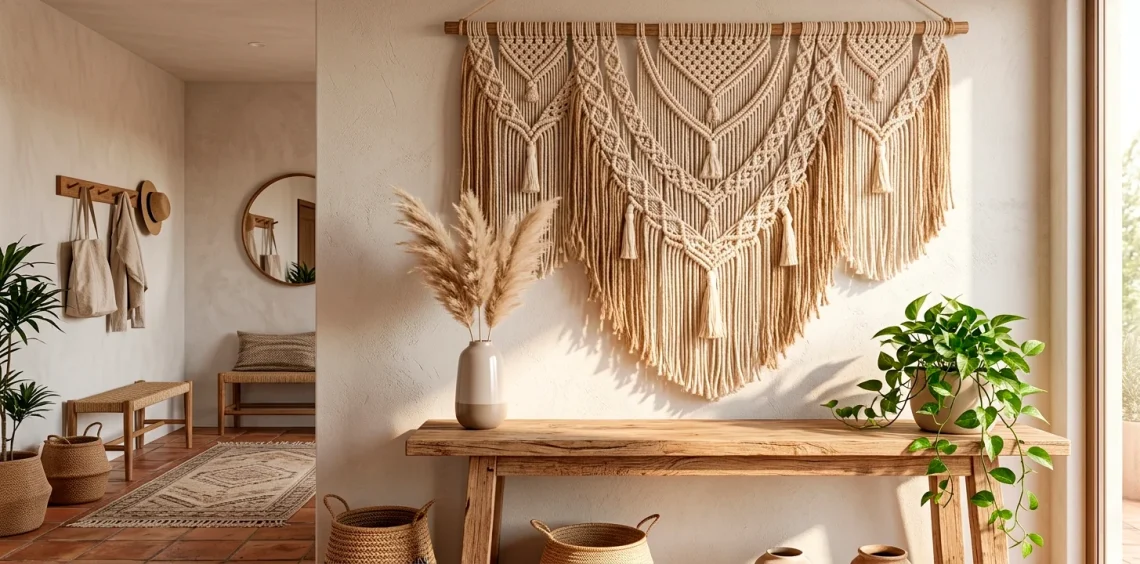 Wide boho entryway featuring a large textured macrame wall hanging above a wooden console table