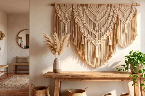 Wide boho entryway featuring a large textured macrame wall hanging above a wooden console table