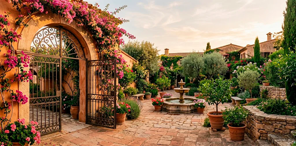 Lush Mediterranean courtyard featuring a prominent arched wrought iron gate and terracotta stucco walls.