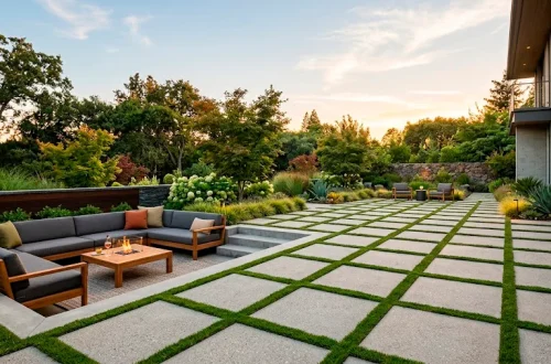 Luxurious modern geometric concrete patio featuring inlaid living grass perfectly separating large concrete pavers.
