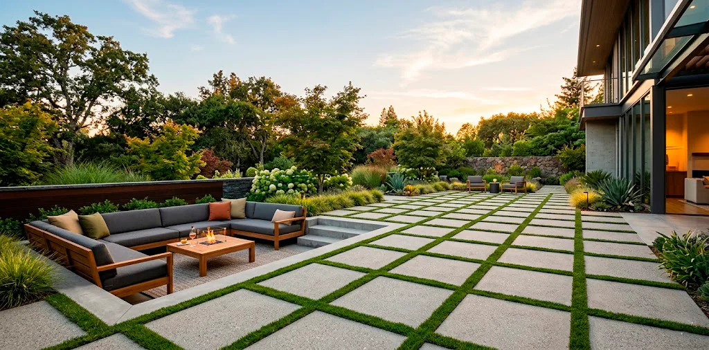 Luxurious modern geometric concrete patio featuring inlaid living grass perfectly separating large concrete pavers.