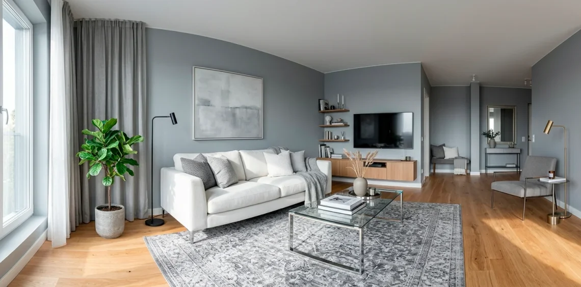 Wide view of a modern small living room decorated in cool-tone greys with a white sofa and sheer curtains