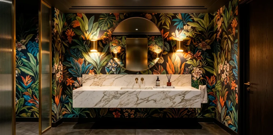 Luxurious moody powder room interior featuring bold botanical wallpaper and brushed brass fixtures