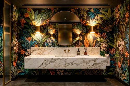 Luxurious moody powder room interior featuring bold botanical wallpaper and brushed brass fixtures