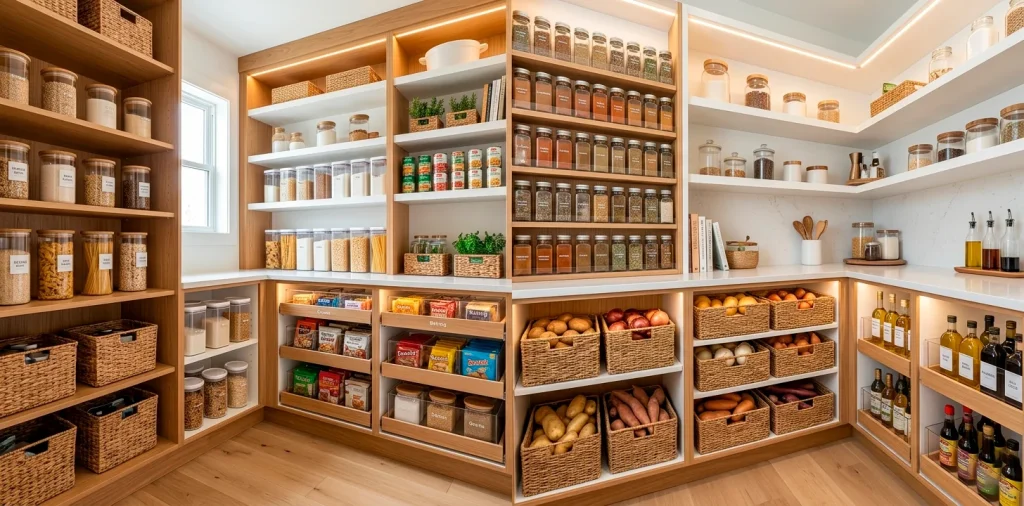 Beautifully organized modern deep pantry featuring clear bins and pull-out wooden shelves.
