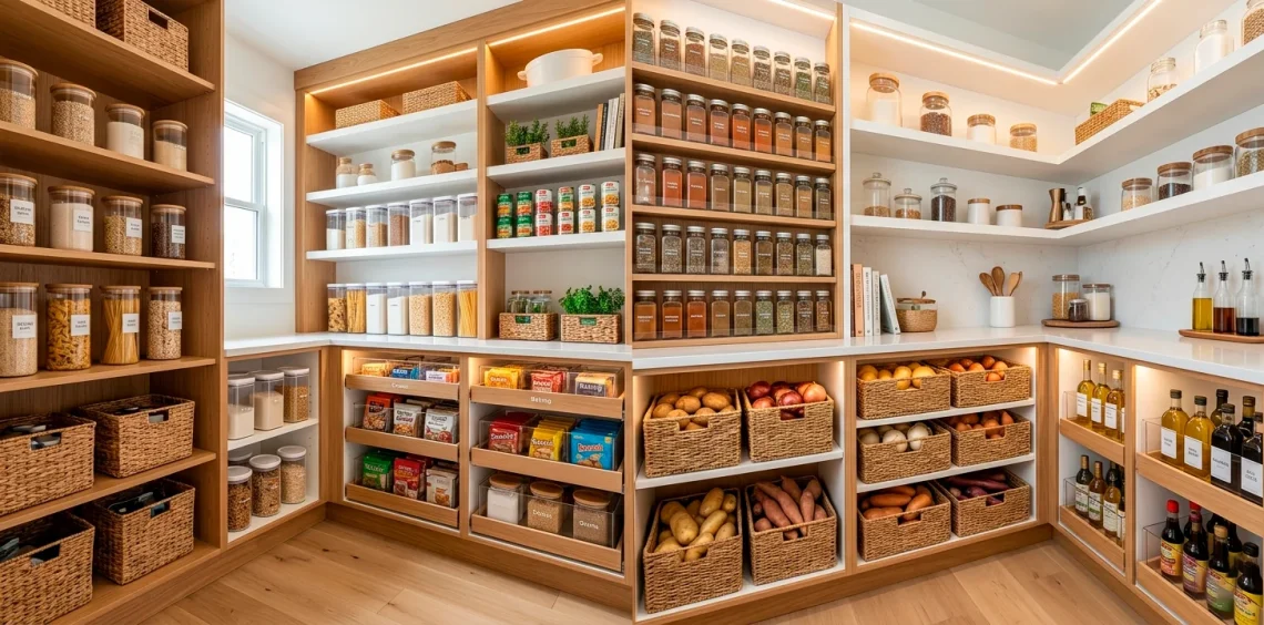 Beautifully organized modern deep pantry featuring clear bins and pull-out wooden shelves.