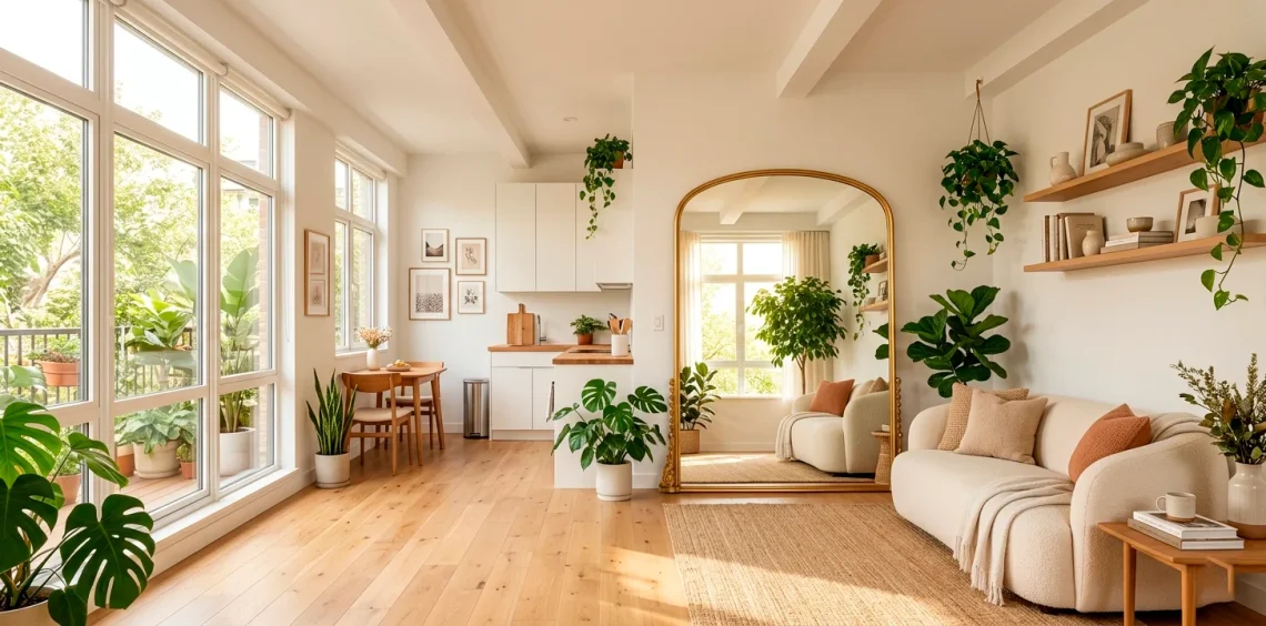 Wide view of a bright studio apartment using a large arched floor mirror to reflect a window and double the visual space