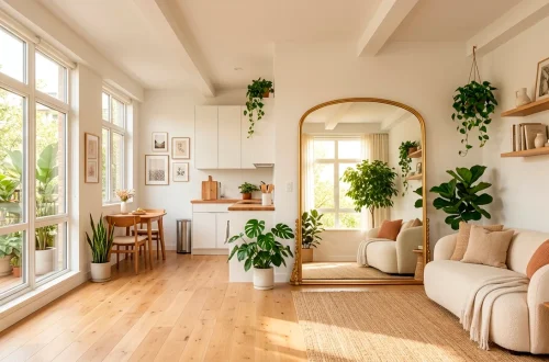 Wide view of a bright studio apartment using a large arched floor mirror to reflect a window and double the visual space