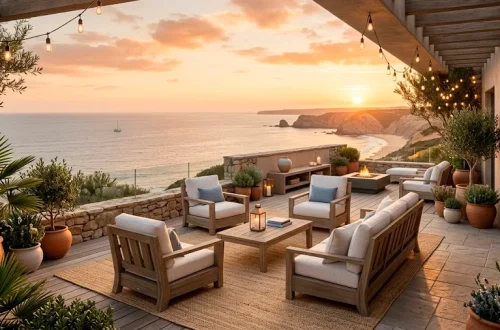 Beautiful coastal outdoor patio at golden hour with teak furniture, white cushions, and string lights overlooking the ocean.