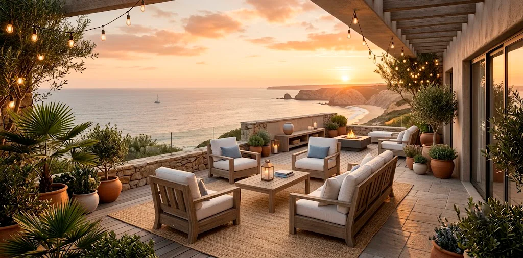 Beautiful coastal outdoor patio at golden hour with teak furniture, white cushions, and string lights overlooking the ocean.