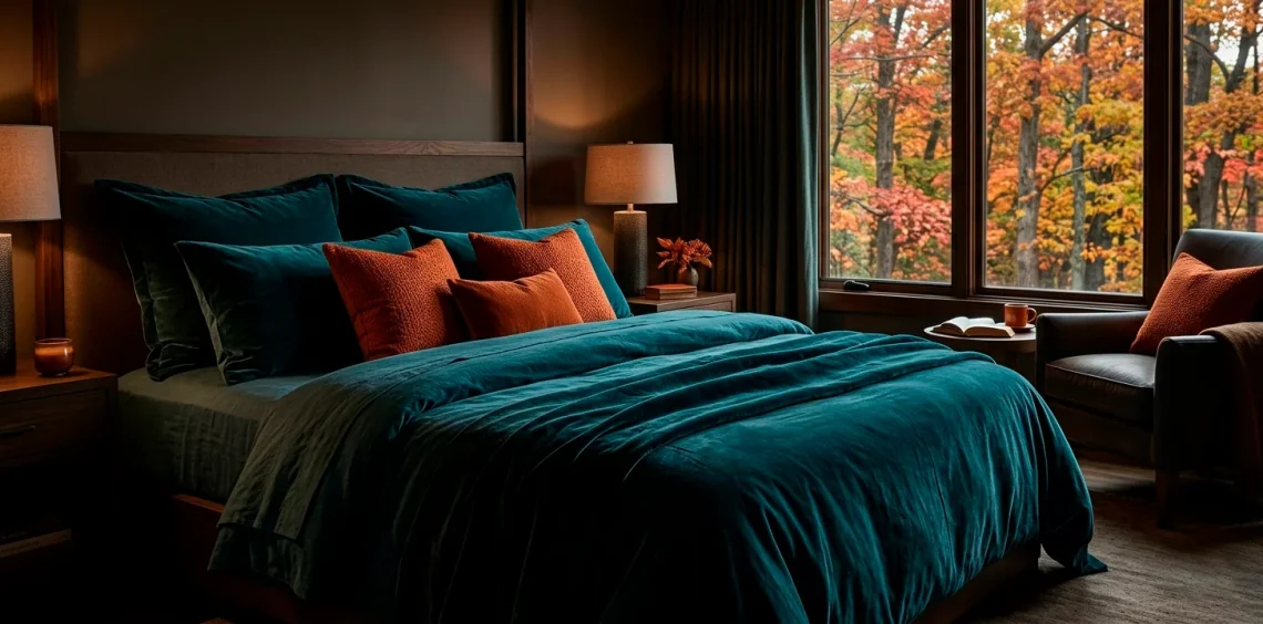 Luxurious deep teal bedding in a moody autumn bedroom setup with warm ambient lighting and burnt orange accents.