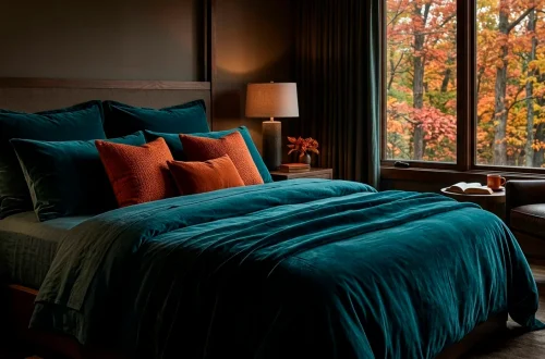 Luxurious deep teal bedding in a moody autumn bedroom setup with warm ambient lighting and burnt orange accents.