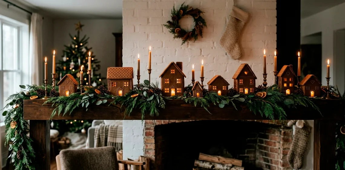 Minimalist earth-toned gingerbread village on a modern holiday mantel with cedar garland and brass candlesticks.