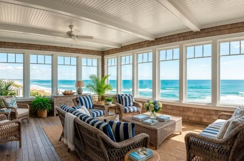 Panoramic view of an enclosed sunroom with classic shingle walls and coastal decor