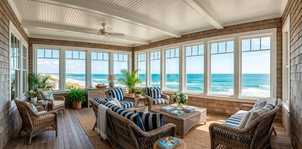 Panoramic view of an enclosed sunroom with classic shingle walls and coastal decor