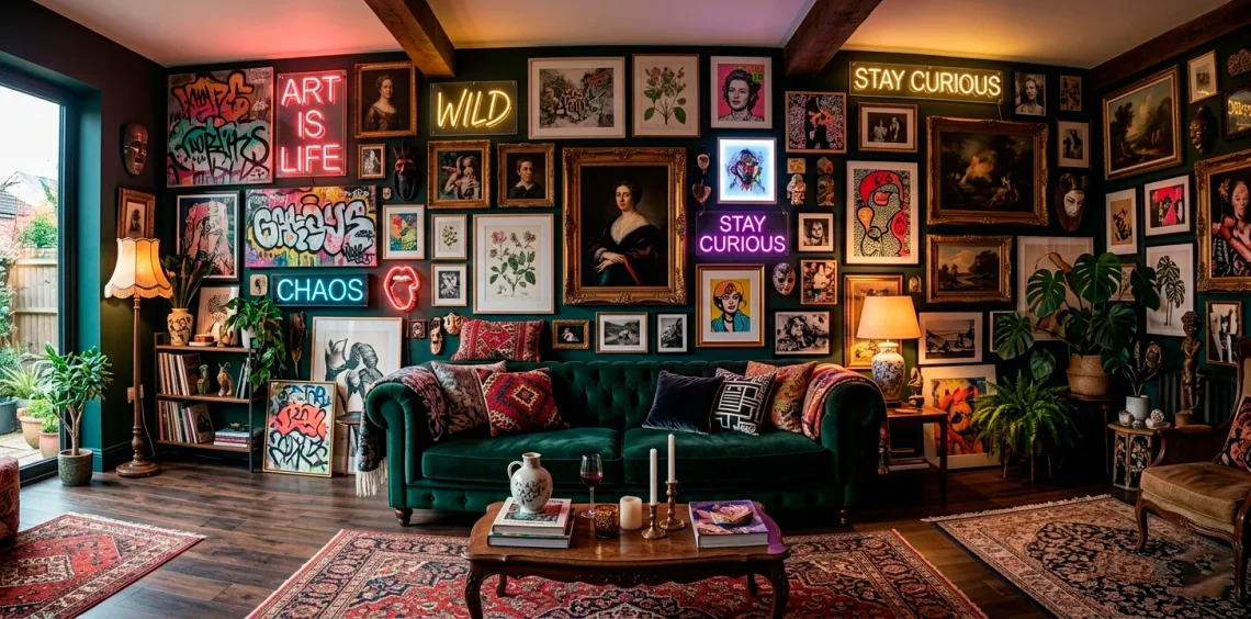 Eclectic maximalist living room gallery wall with clashing art styles over a dark velvet sofa