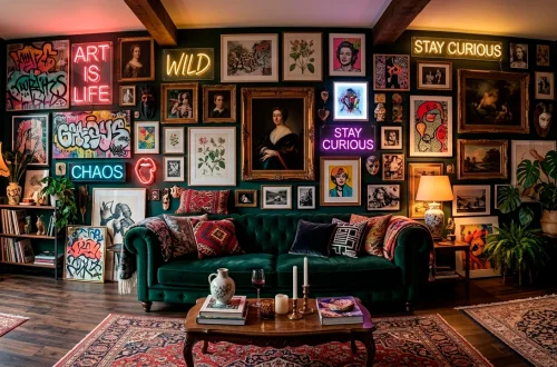 Eclectic maximalist living room gallery wall with clashing art styles over a dark velvet sofa