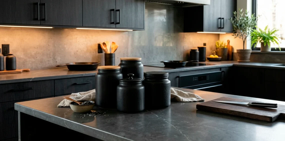Collection of stylish matte black kitchen canisters sitting on an edgy modern countertop