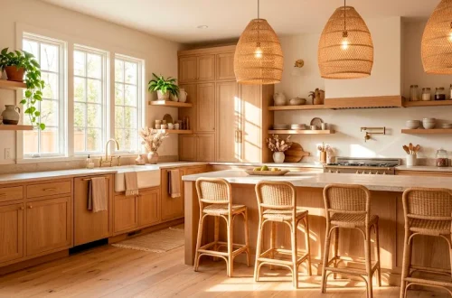 Wide view of a bright natural boho kitchen featuring stylish wicker stools and rattan lighting fixtures.