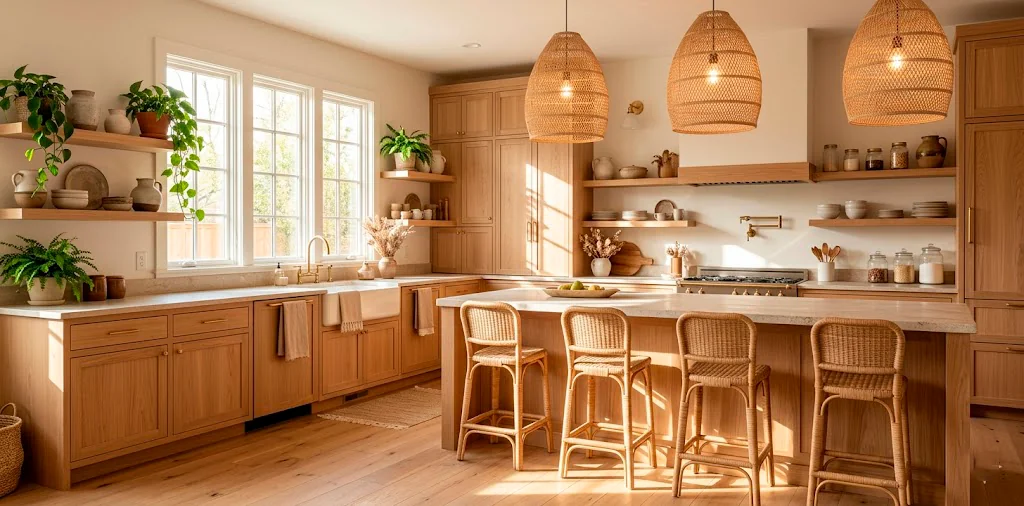 Wide view of a bright natural boho kitchen featuring stylish wicker stools and rattan lighting fixtures.