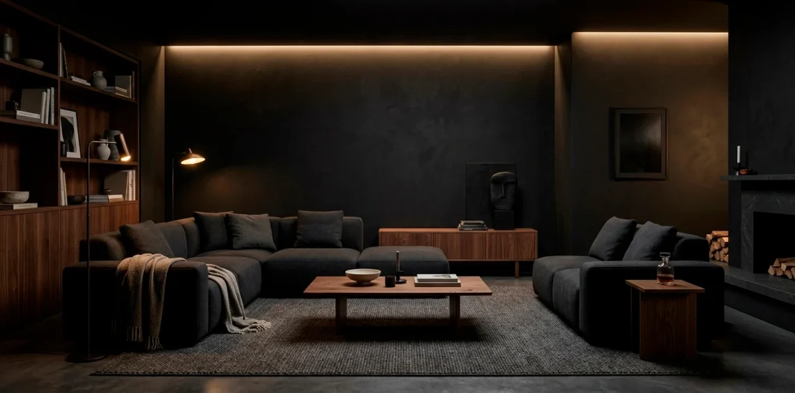 Moody Scandi-Noir living room featuring a dark charcoal sofa, matte black walls, and walnut accents.