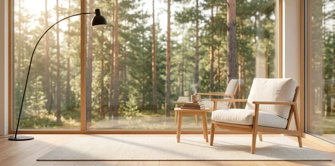 A cozy Scandinavian reading nook featuring a light oak lounge chair, white linen cushions, and a modern floor lamp by a sunny window.