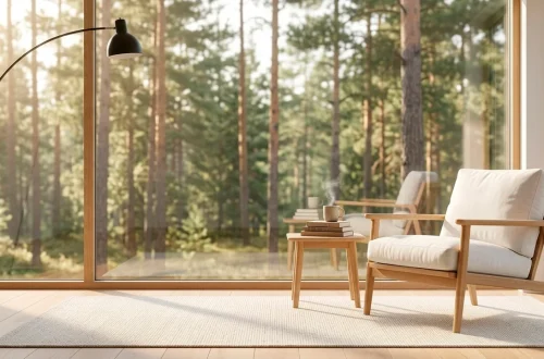 A cozy Scandinavian reading nook featuring a light oak lounge chair, white linen cushions, and a modern floor lamp by a sunny window.