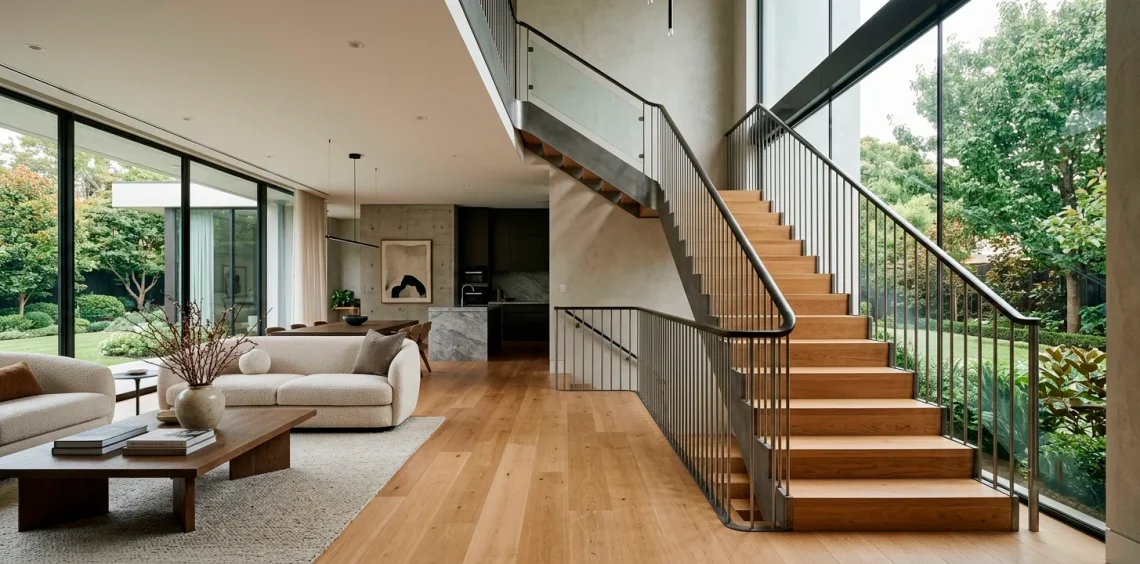 Wide panoramic view of a modern living space featuring a sleek minimalist mild steel staircase railing design.