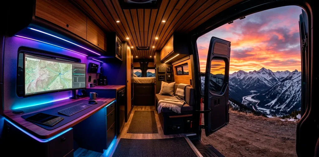 Luxurious high-tech Sprinter van interior with ambient lighting and smart panels facing a mountain sunset.