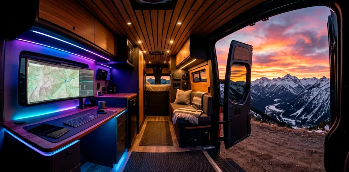 Luxurious high-tech Sprinter van interior with ambient lighting and smart panels facing a mountain sunset.