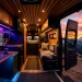 Luxurious high-tech Sprinter van interior with ambient lighting and smart panels facing a mountain sunset.