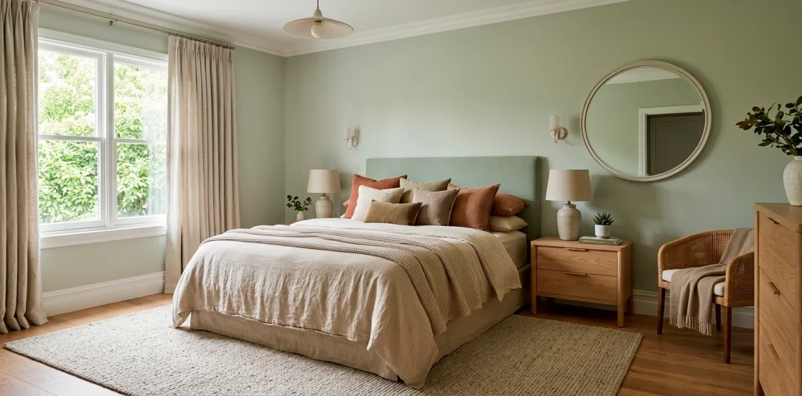 Wide horizontal banner of a beautiful sage green bedroom with elegant neutral linens and natural lighting.