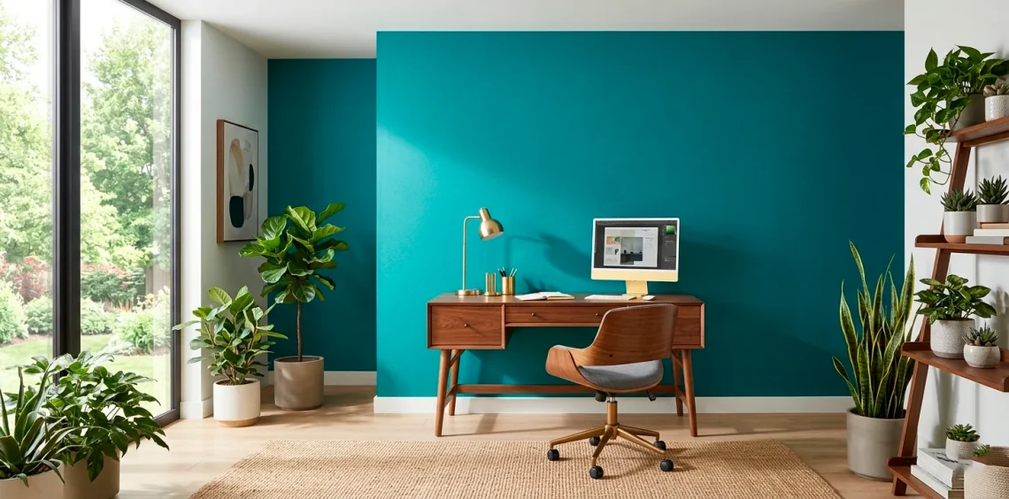 Modern home office featuring a vibrant teal accent wall, mid-century wood desk, and lush green plants.