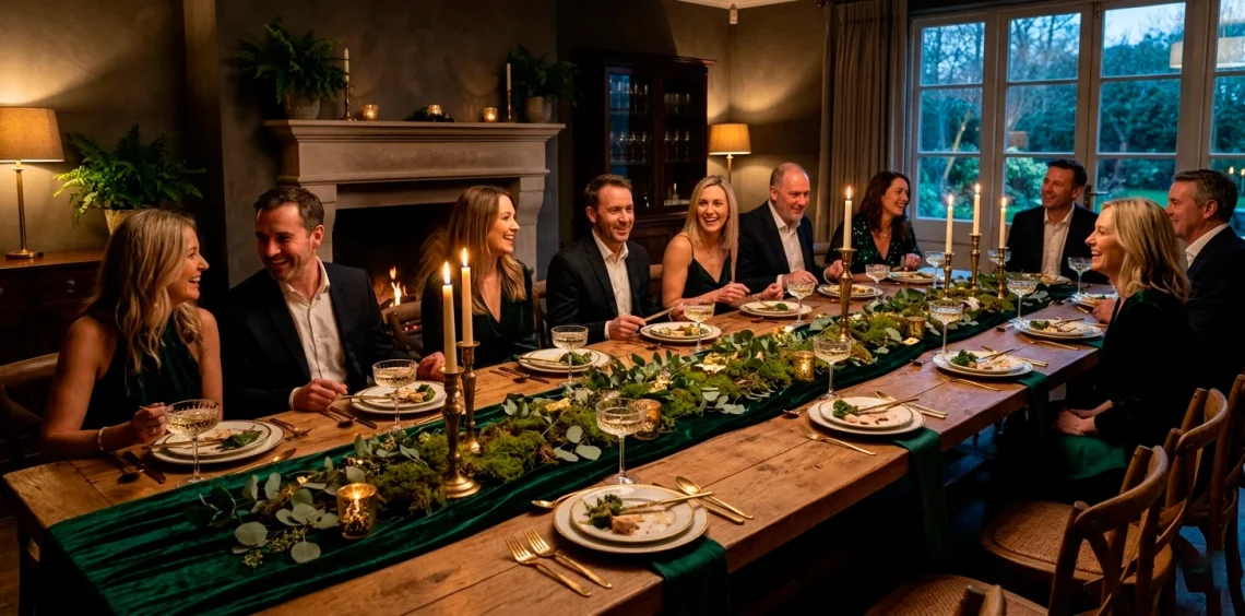 Sophisticated St Patrick's Day dinner table setting with emerald green runner, brass candelabras, and crystal glassware.