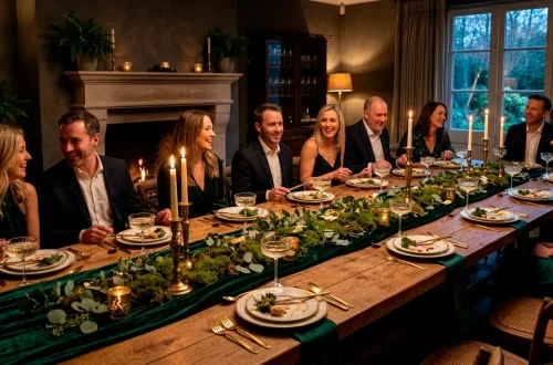 Sophisticated St Patrick's Day dinner table setting with emerald green runner, brass candelabras, and crystal glassware.