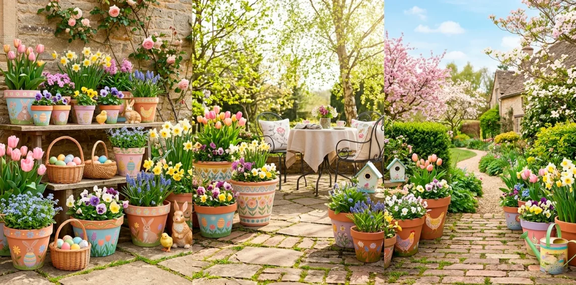 Colorful hand-painted terracotta pots decorated for Easter on a sunny spring patio.