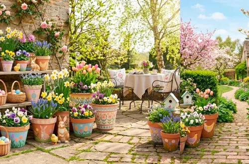 Colorful hand-painted terracotta pots decorated for Easter on a sunny spring patio.