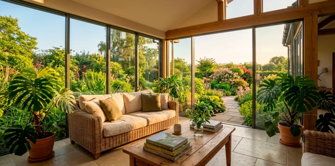 A stunning modern sunroom with wide glass windows, cozy rattan furniture, and lush indoor plants bathed in sunlight.