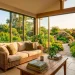 A stunning modern sunroom with wide glass windows, cozy rattan furniture, and lush indoor plants bathed in sunlight.