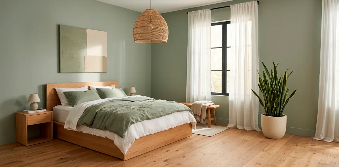 Serene minimalist bedroom featuring soft sage green walls, warm oak furniture, and crisp linen bedding