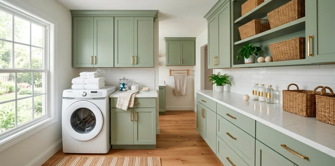 Beautifully refaced sage green laundry room cabinets with brass hardware and modern washer in a bright, clean space.