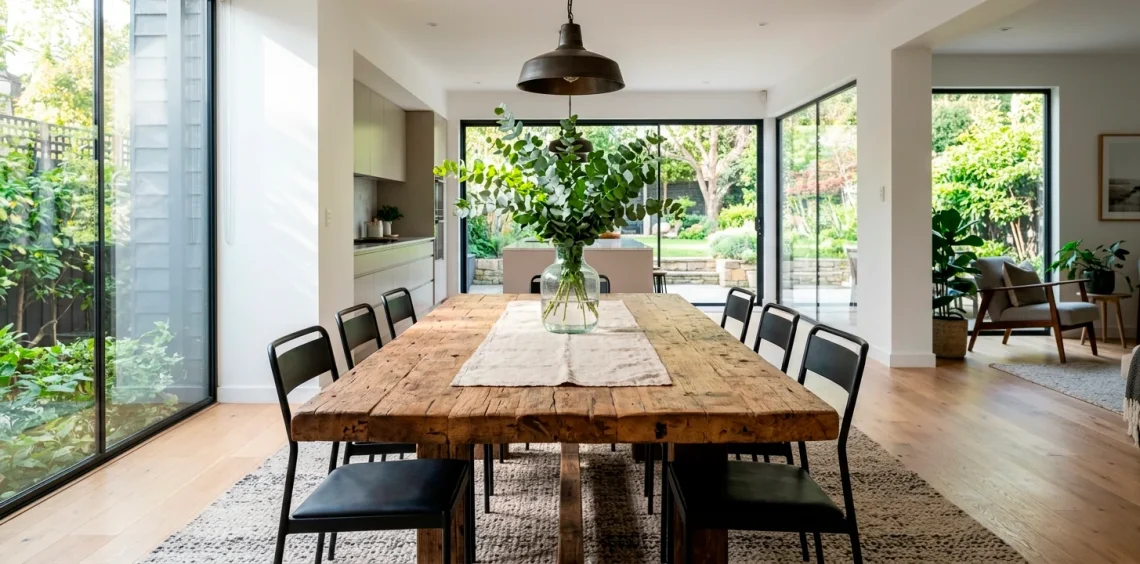 Chunky reclaimed wood dining table styled beautifully in a bright modern dining room with aesthetic decor.
