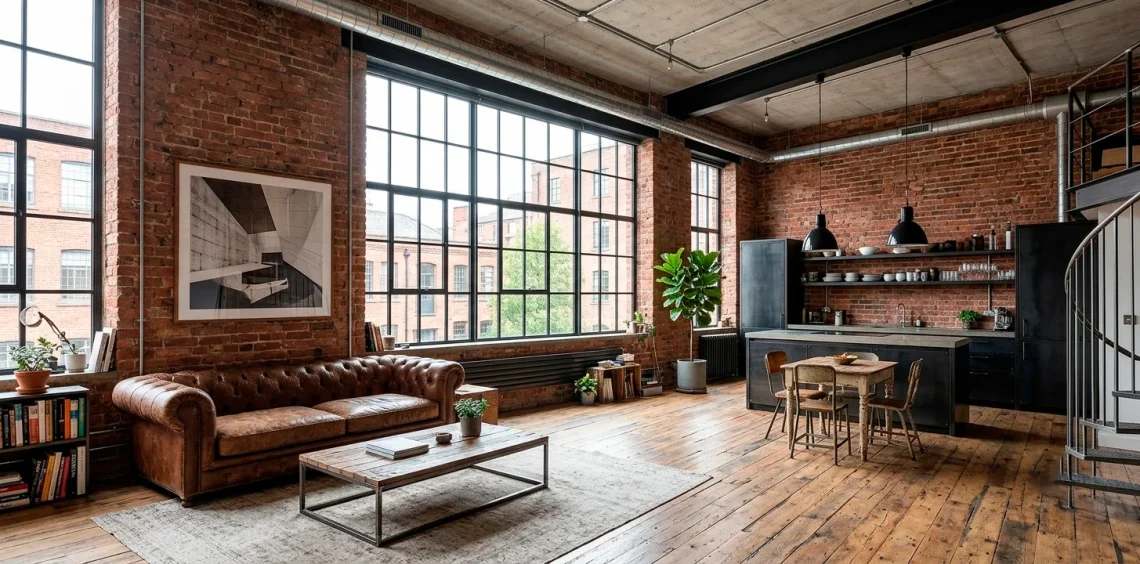 Industrial chic studio apartment featuring exposed brick walls, leather sofa, and large factory windows.