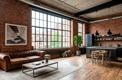Industrial chic studio apartment featuring exposed brick walls, leather sofa, and large factory windows.