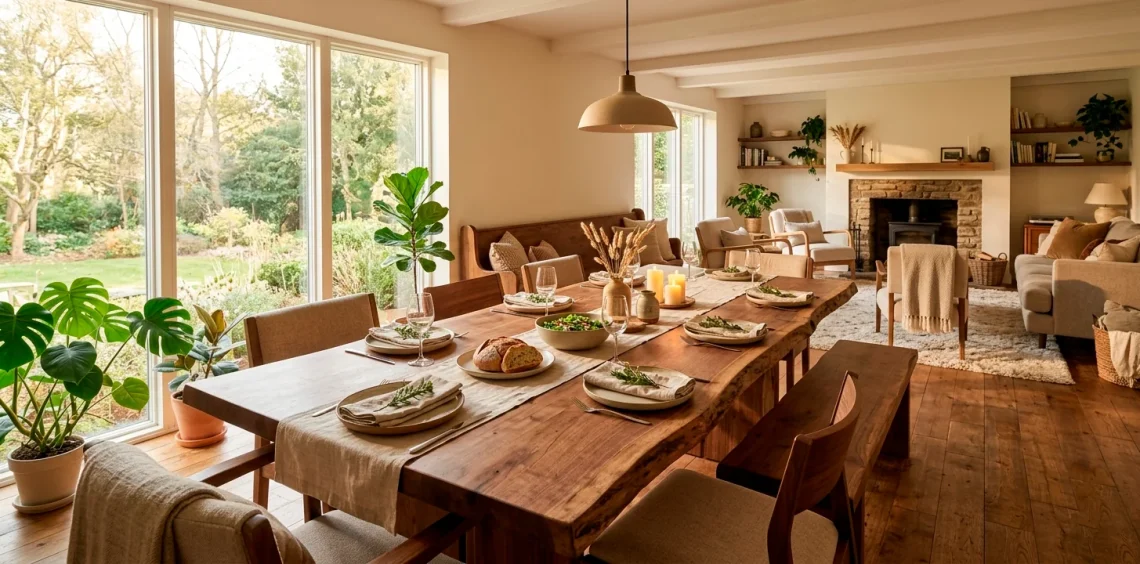 Beautiful raw wood dining table styled in a sunlit living room showing rustic furniture decor