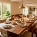 Beautiful raw wood dining table styled in a sunlit living room showing rustic furniture decor