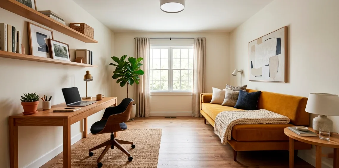 A beautifully organized small home office and guest room combo featuring a sleek modern desk and a cozy mustard daybed.