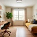 A beautifully organized small home office and guest room combo featuring a sleek modern desk and a cozy mustard daybed.