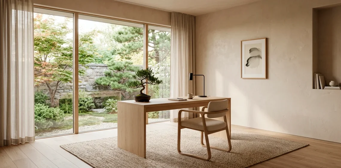 Serene Japandi style home office featuring a white oak desk, beige textured walls, and natural sunlight.
