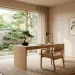 Serene Japandi style home office featuring a white oak desk, beige textured walls, and natural sunlight.